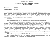 REPUBLIC OF TURKEY FATSA 1ST CIVIL COURT OF FIRST INSTANCE ANNOUNCEMENT Base Number : 2018/301 Advertisement Text